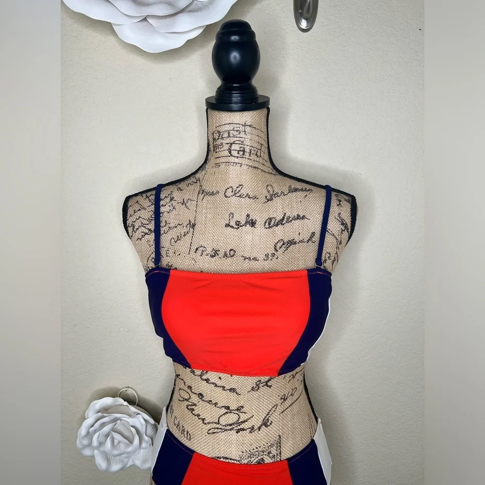 Cupshe Colorblock Bikini Set Orange Blue White Mid Rise Swim Size M - Picture 5 of 16